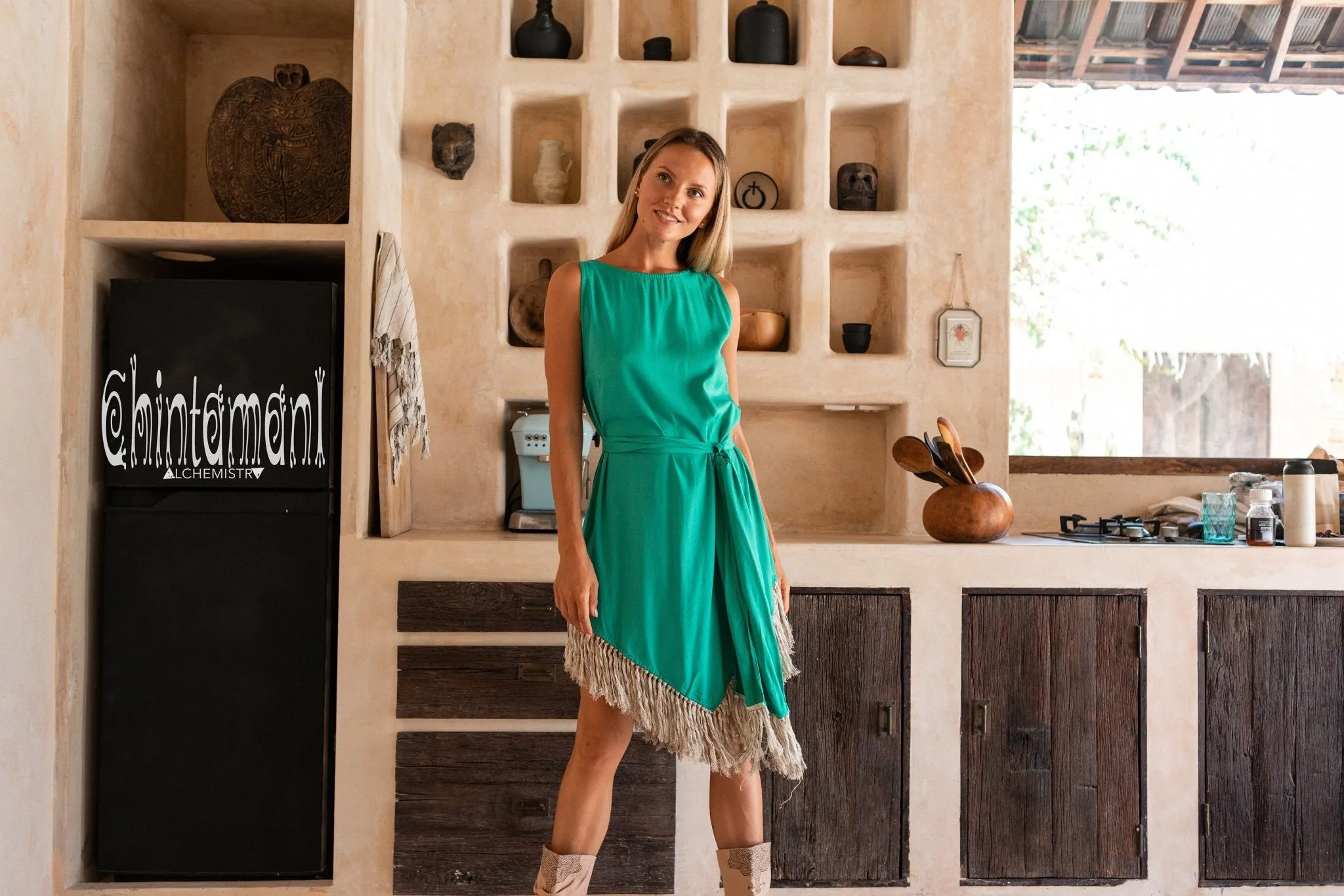 Cotton Corner Fringe Dress for Women / Green