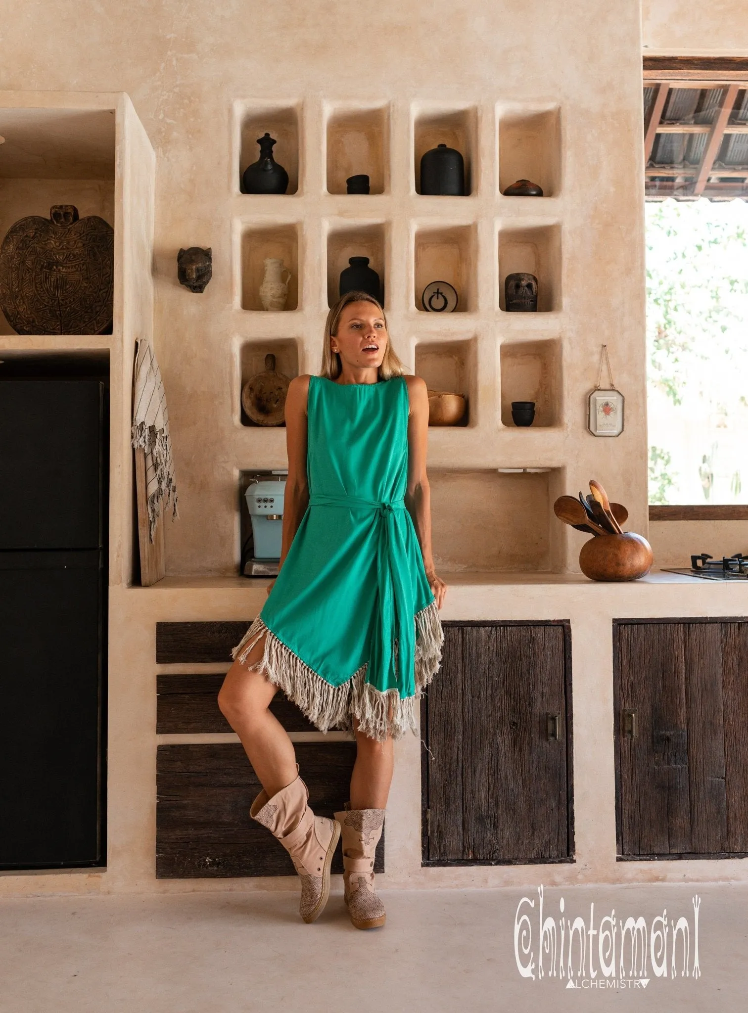 Cotton Corner Fringe Dress for Women / Green
