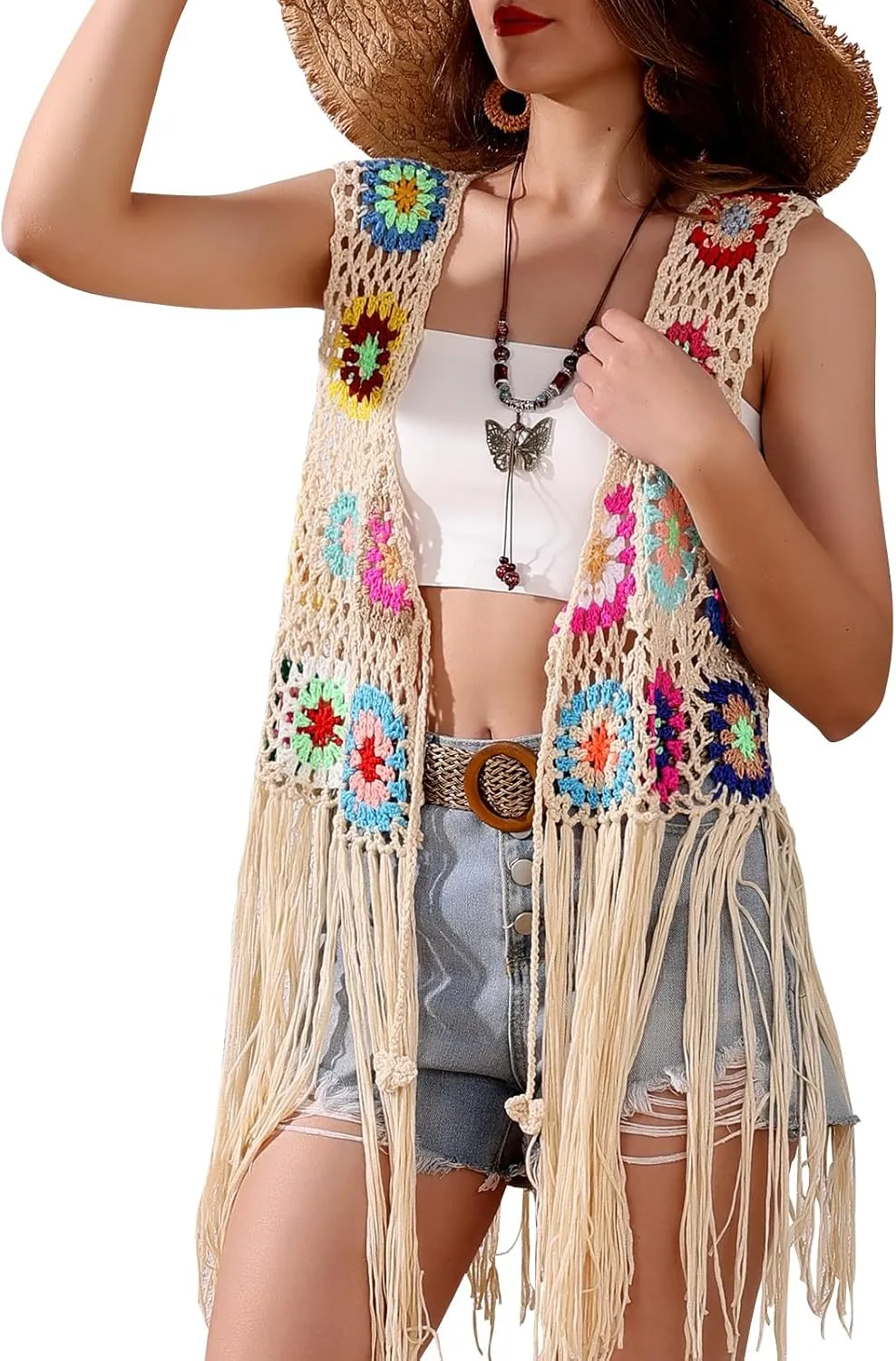 Crochet African Flower Granny Square Crochet Vest, Color Block Sweater, Knitted Multicolor Open Front Cardigan