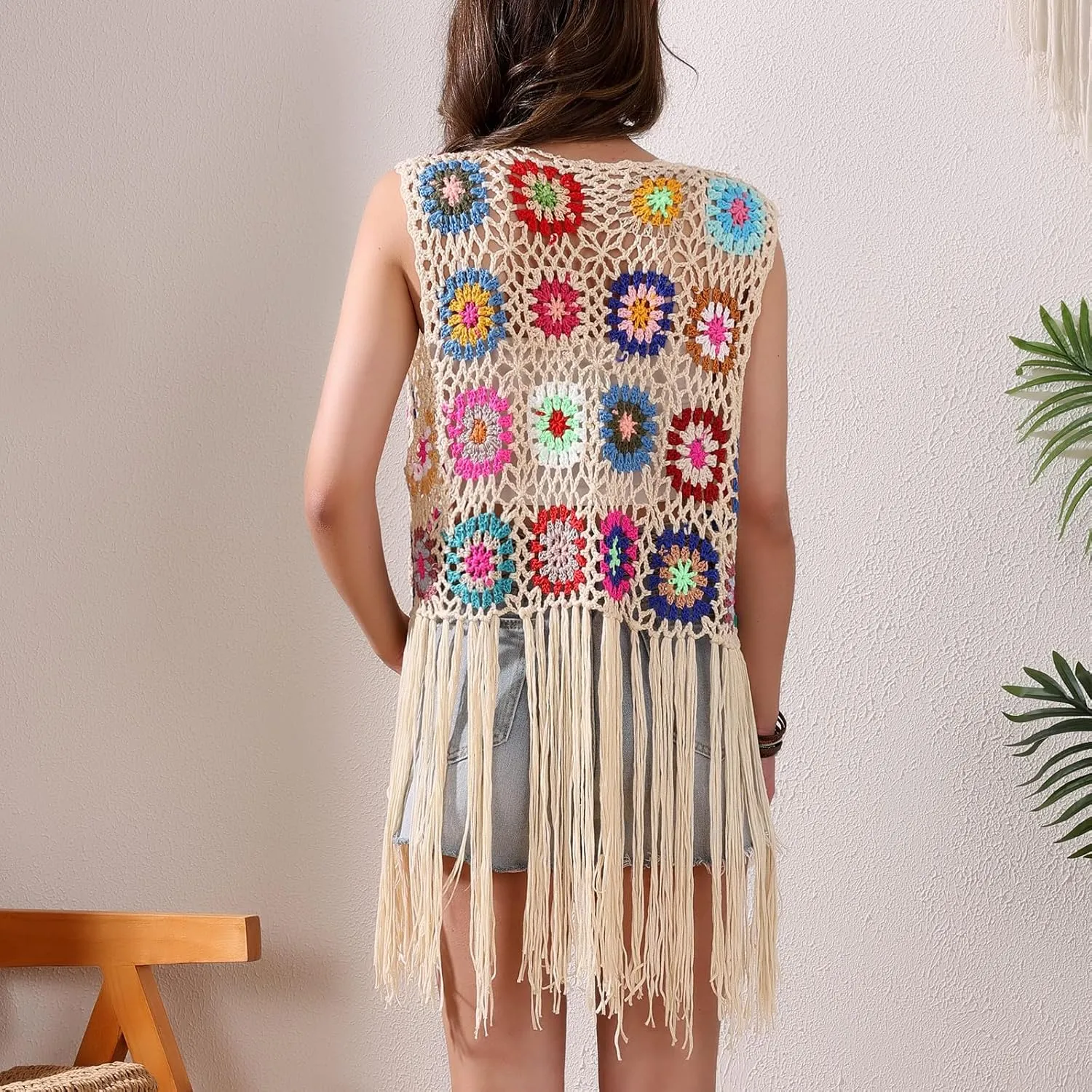 Crochet African Flower Granny Square Crochet Vest, Color Block Sweater, Knitted Multicolor Open Front Cardigan
