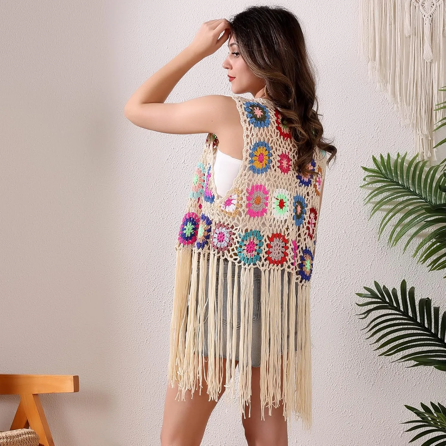 Crochet African Flower Granny Square Crochet Vest, Color Block Sweater, Knitted Multicolor Open Front Cardigan