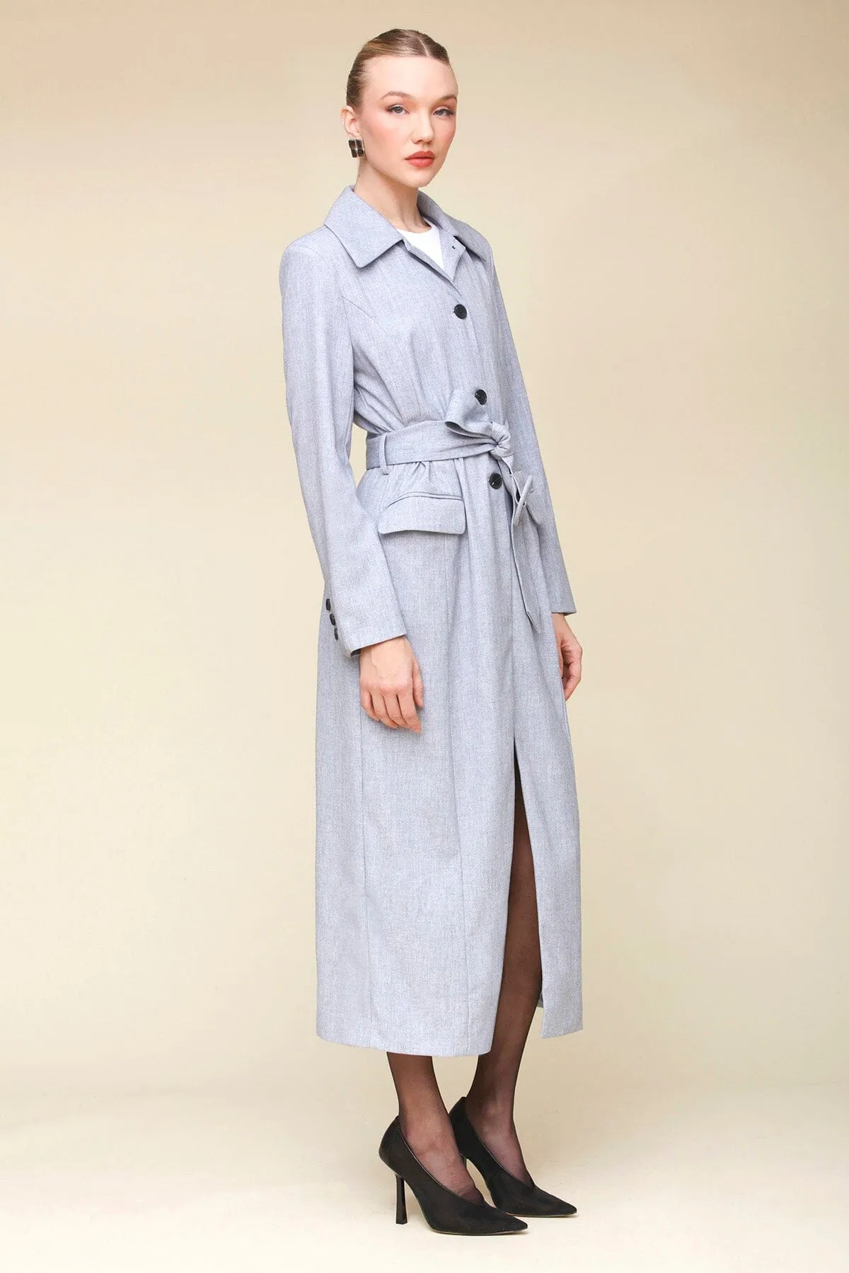 Cutaway Belted Maxi Trench Coat