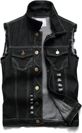 Denim Vest Men Lapel Sleeveless Slim Fit Retro Ripped Casual Jean Vest for Men's