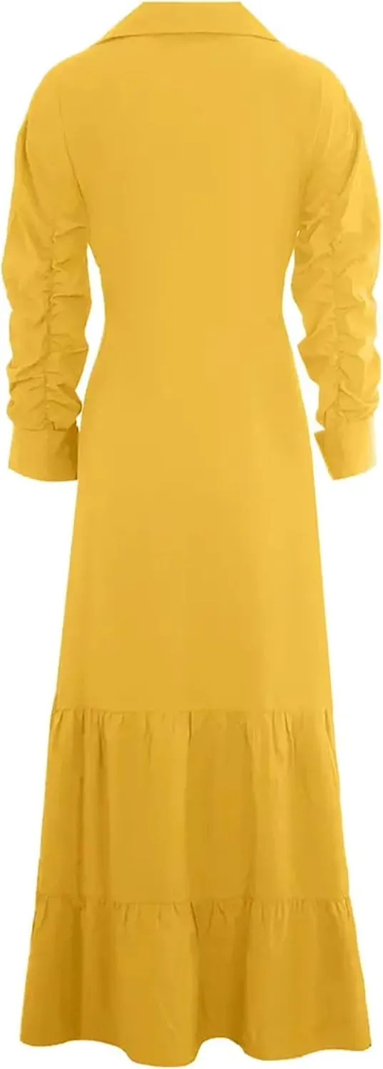 DIACACY Women's Solid Color Long Sleeve Casual Shirt Maxi Dress Tiered Rolled Up Sleeve Button Down Lapel Swing Dresses