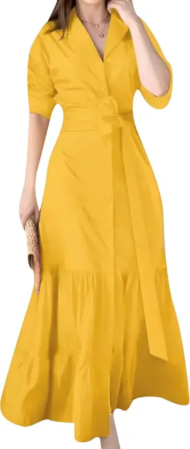 DIACACY Women's Solid Color Long Sleeve Casual Shirt Maxi Dress Tiered Rolled Up Sleeve Button Down Lapel Swing Dresses