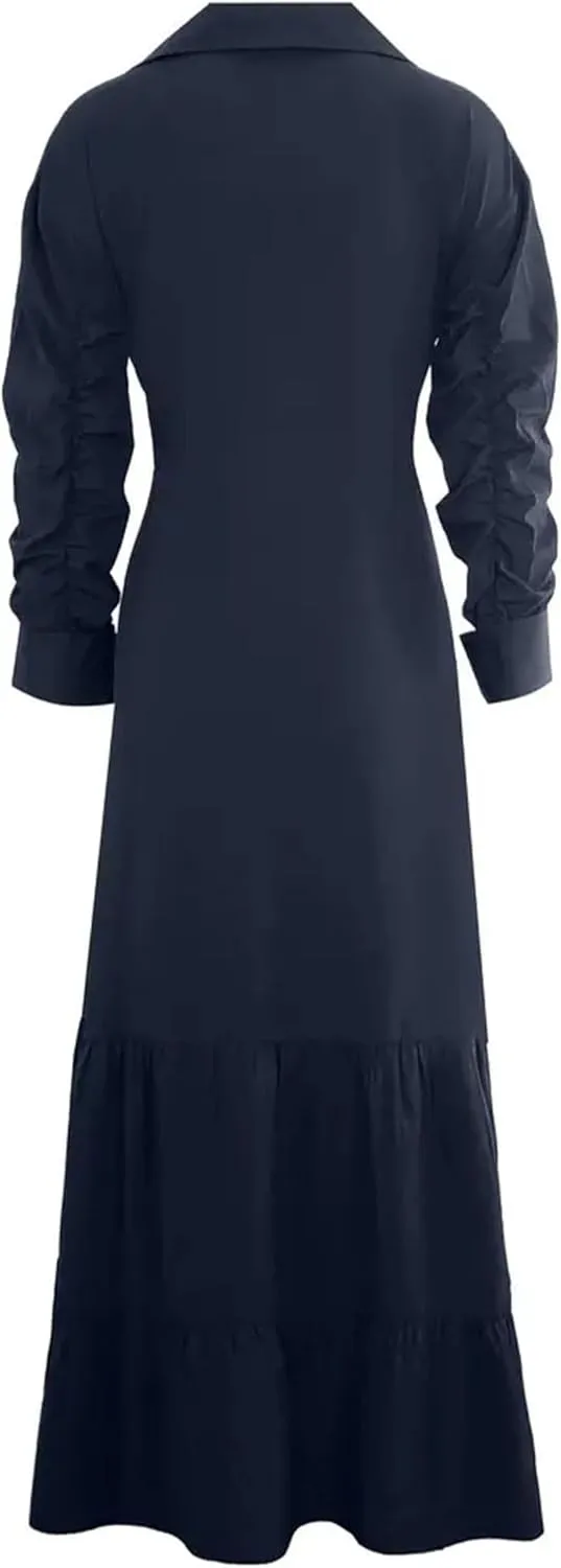 DIACACY Women's Solid Color Long Sleeve Casual Shirt Maxi Dress Tiered Rolled Up Sleeve Button Down Lapel Swing Dresses