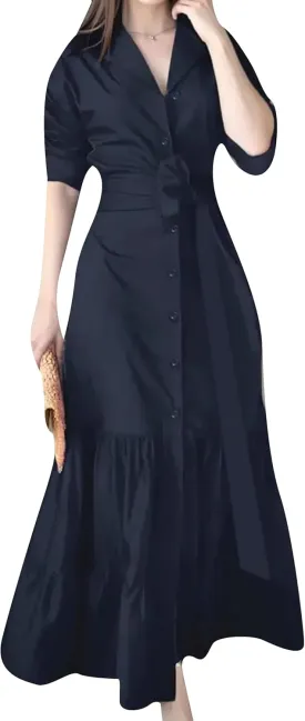 DIACACY Women's Solid Color Long Sleeve Casual Shirt Maxi Dress Tiered Rolled Up Sleeve Button Down Lapel Swing Dresses