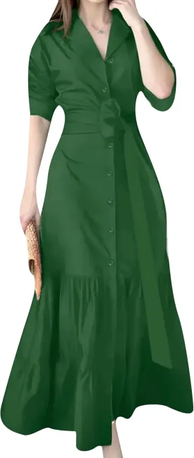 DIACACY Women's Solid Color Long Sleeve Casual Shirt Maxi Dress Tiered Rolled Up Sleeve Button Down Lapel Swing Dresses