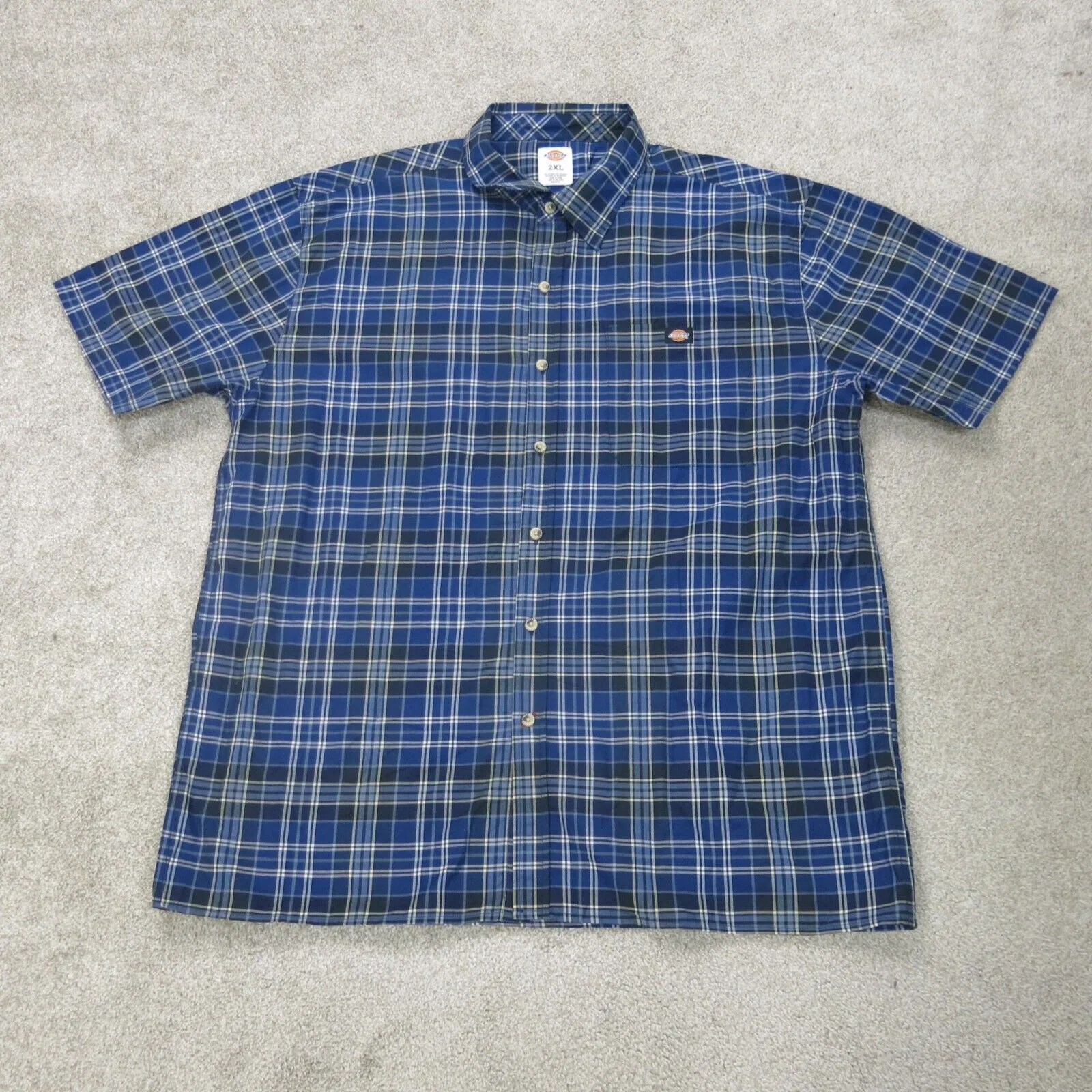 Dickies Shirt Mens 2XL Blue Short Sleeve Plaid Button Up Lightweight Casual