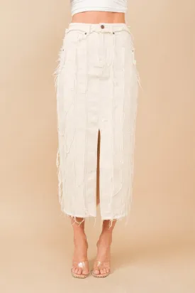 Distressed Seam Slit At Front Maxi Denim Skirt BEIGE