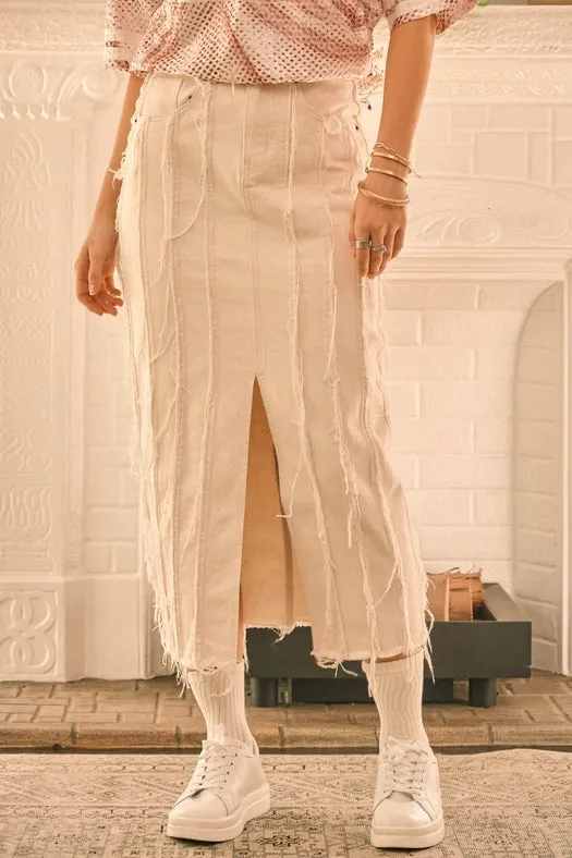 Distressed Seam Slit At Front Maxi Denim Skirt BEIGE