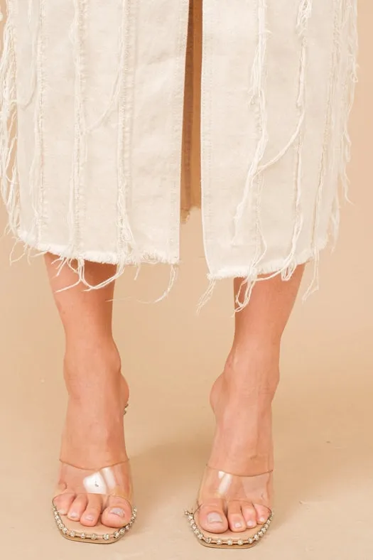 Distressed Seam Slit At Front Maxi Denim Skirt BEIGE