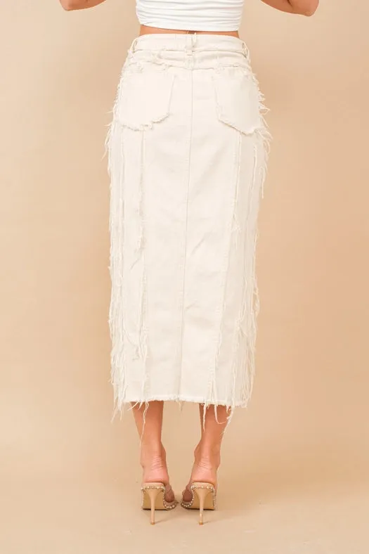 Distressed Seam Slit At Front Maxi Denim Skirt BEIGE