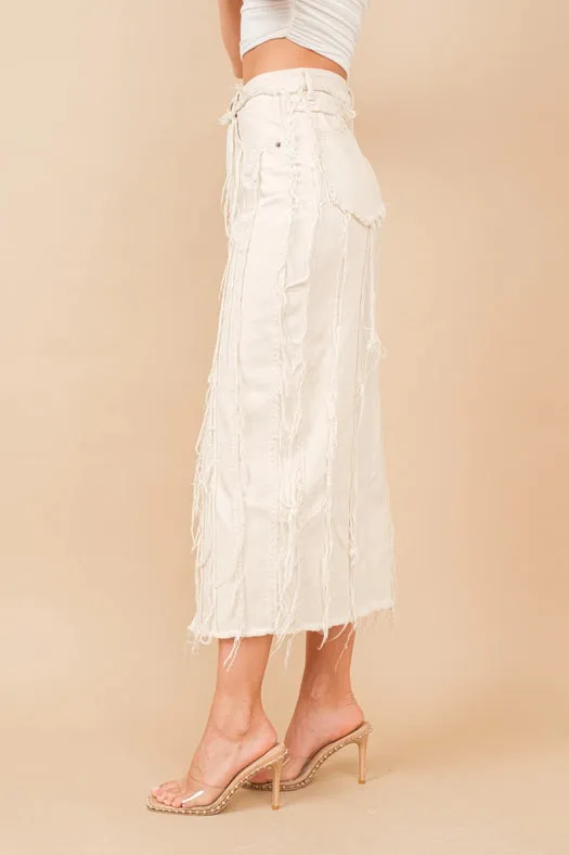 Distressed Seam Slit At Front Maxi Denim Skirt BEIGE