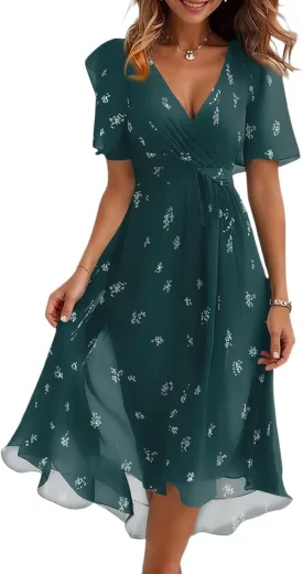 Dresses for Women 2025 Elegant Classy Boho Floral V Neck Belted Summer Sundress Wedding Guest Prom Cocktail Midi Dress