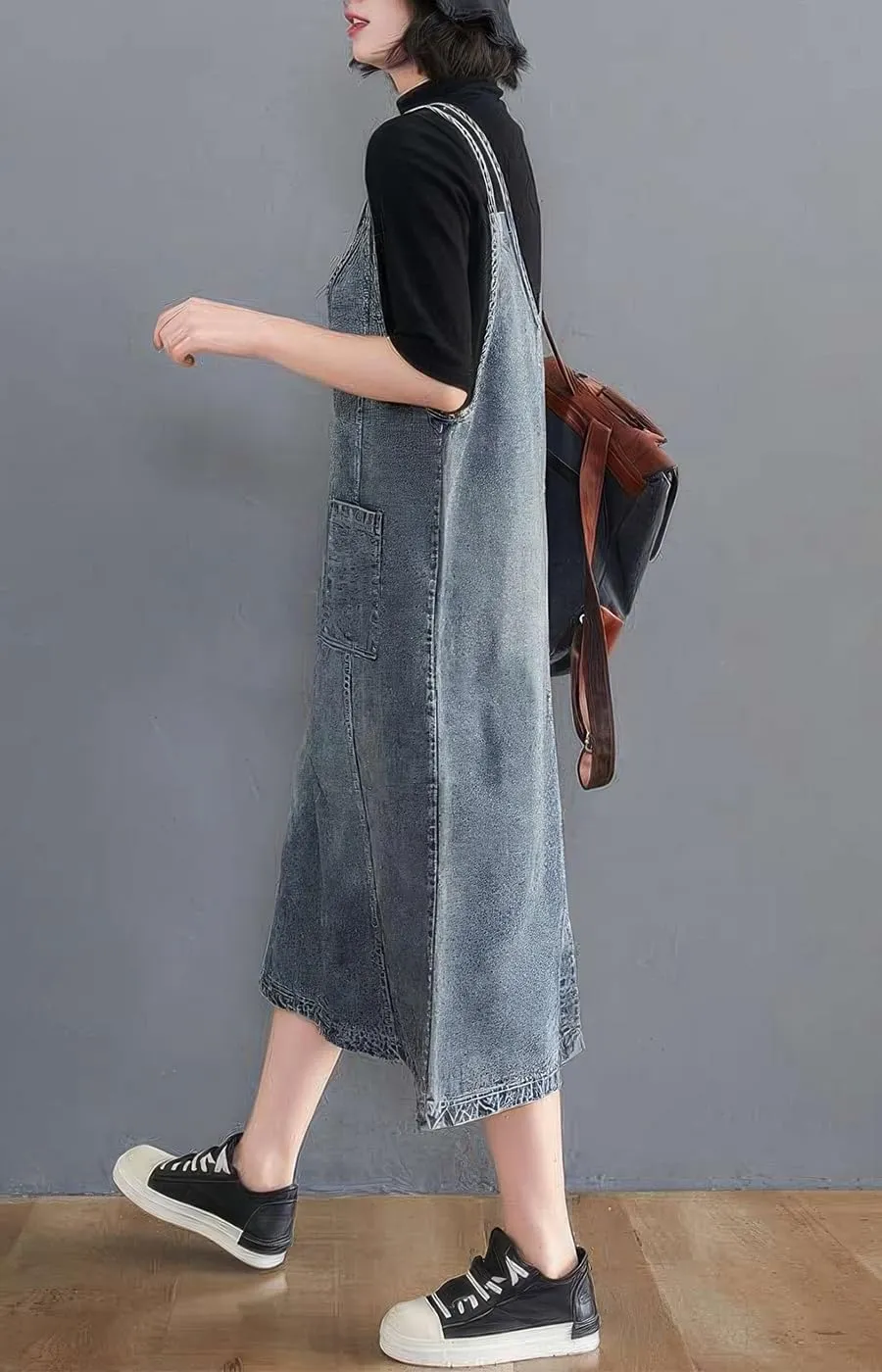 ebossy Women's Sleeveless V Neck Denim Overall Jumper Dress Casual Loose Double Spaghetti Straps Midi Jean Dress