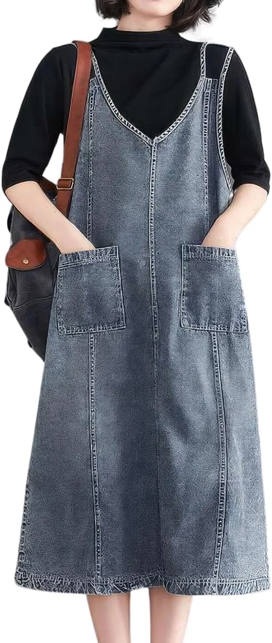 ebossy Women's Sleeveless V Neck Denim Overall Jumper Dress Casual Loose Double Spaghetti Straps Midi Jean Dress