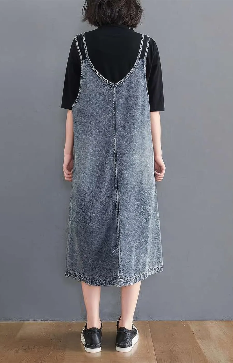 ebossy Women's Sleeveless V Neck Denim Overall Jumper Dress Casual Loose Double Spaghetti Straps Midi Jean Dress