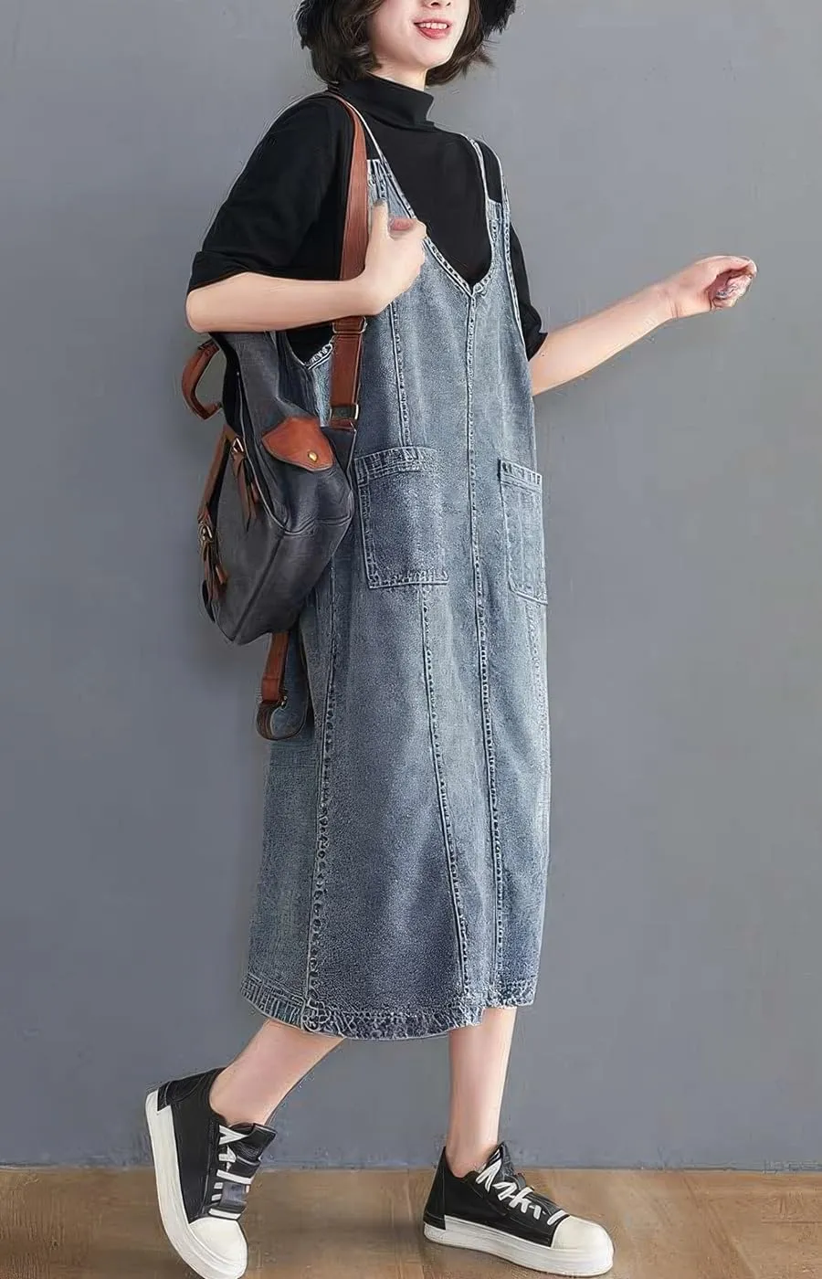 ebossy Women's Sleeveless V Neck Denim Overall Jumper Dress Casual Loose Double Spaghetti Straps Midi Jean Dress