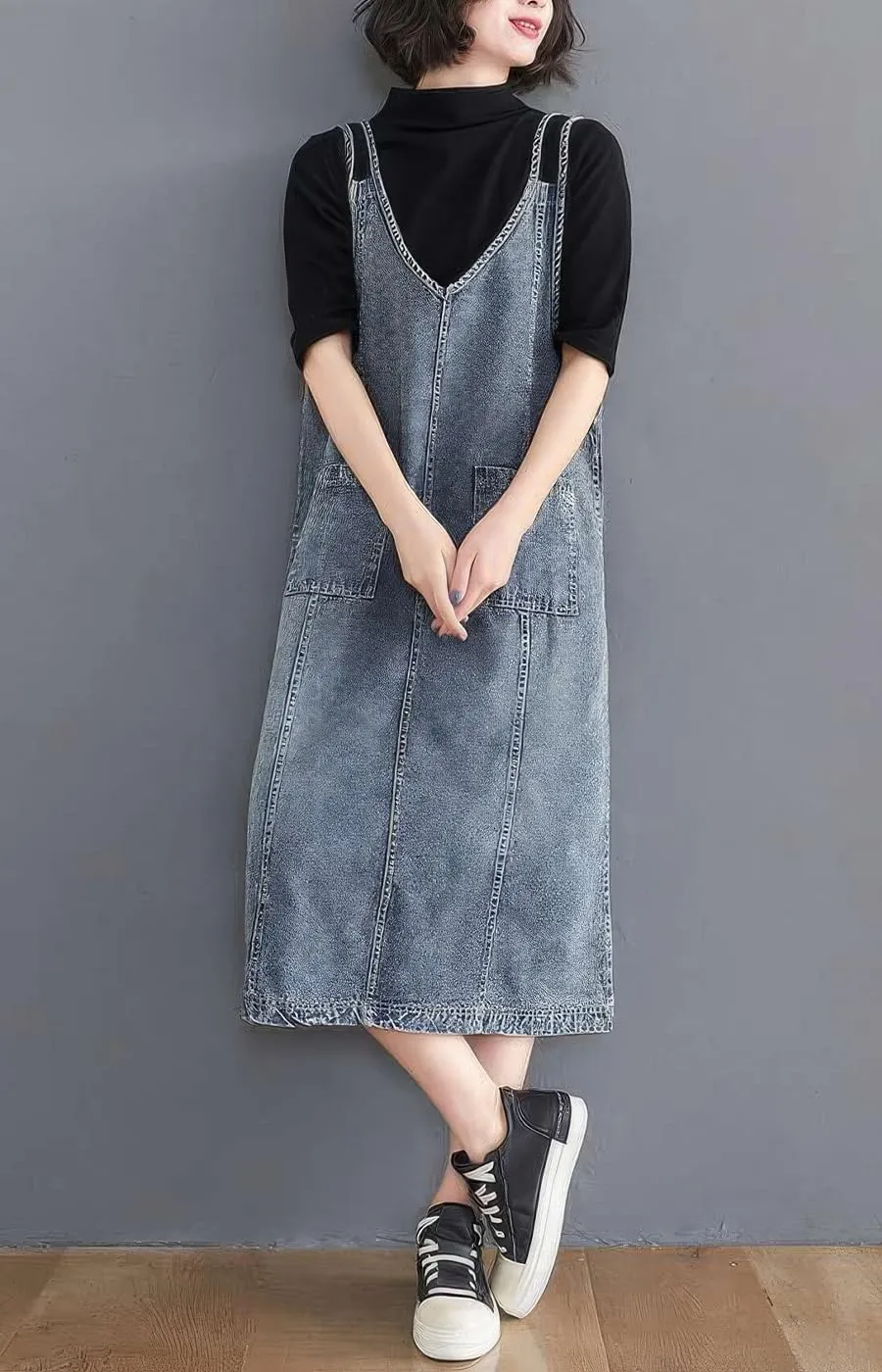 ebossy Women's Sleeveless V Neck Denim Overall Jumper Dress Casual Loose Double Spaghetti Straps Midi Jean Dress