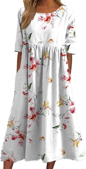 Geleglaer Women's Boho Floral Maxi Dress Summer Casual Crew Neck Short Sleeve Dress Flowy Bohemian Tshirt Dress with Pockets