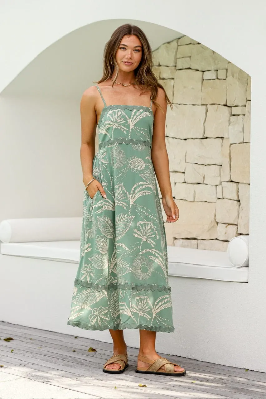 Hoxton Leaf Shoe String Ric Rac Midi Dress - Sage