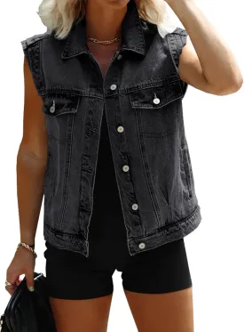 Imily Bela Womens Denim Vest Classic Button Down Sleeveless Jean Jackets Cropped Distressed Vest