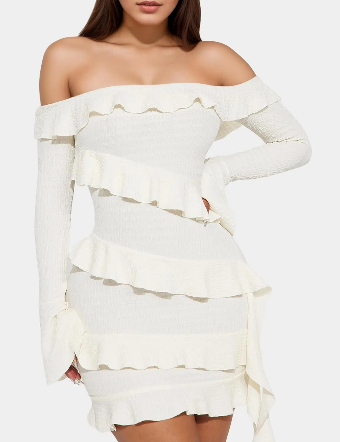 ISZPLUSH Women's Off Shoulder Ruffle Mini Dress Long Sleeve Flounce Dress Ruched Formal Cocktail Party Short Dresses