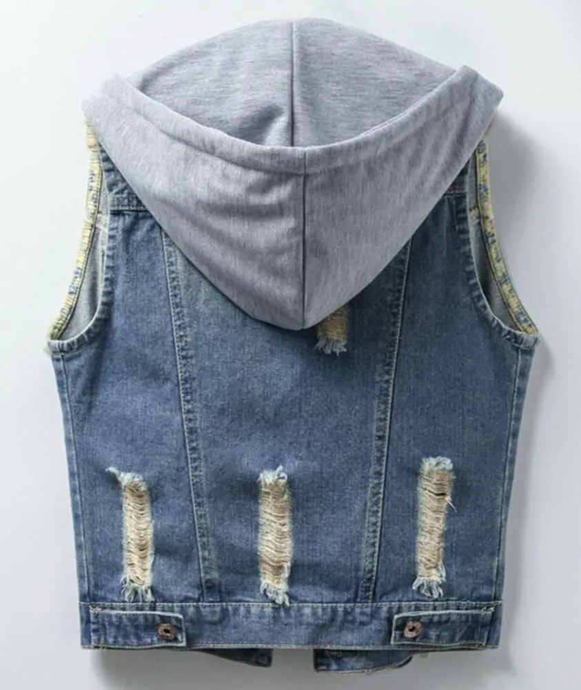 Kedera Women's Distressed Sleeveless Denim Vest with Detachable Hoodie