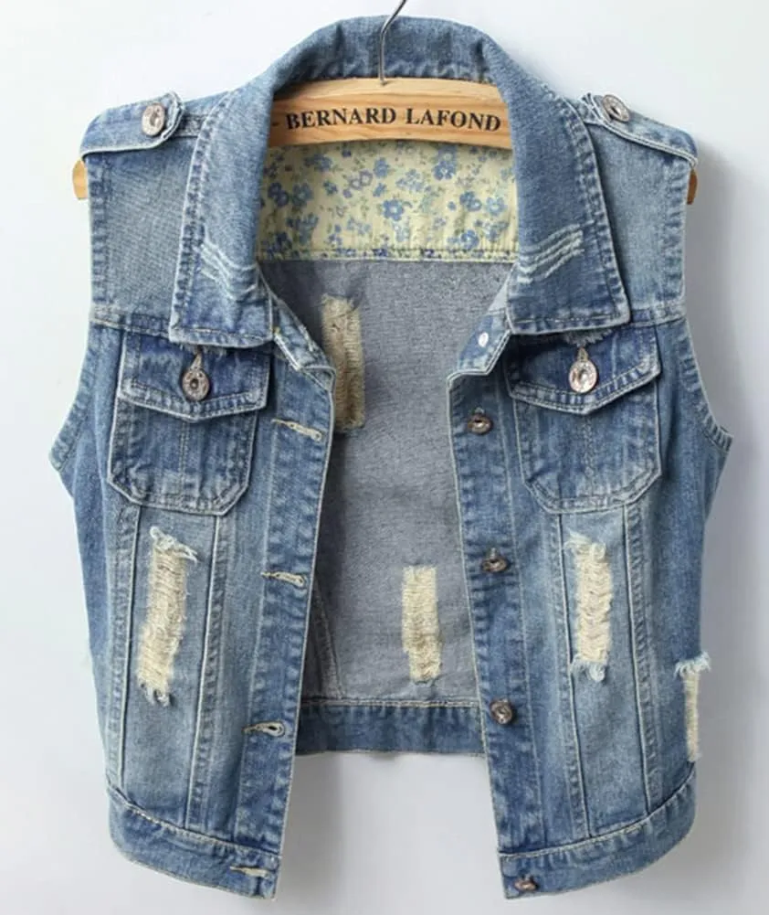 Kedera Women's Distressed Sleeveless Denim Vest with Detachable Hoodie