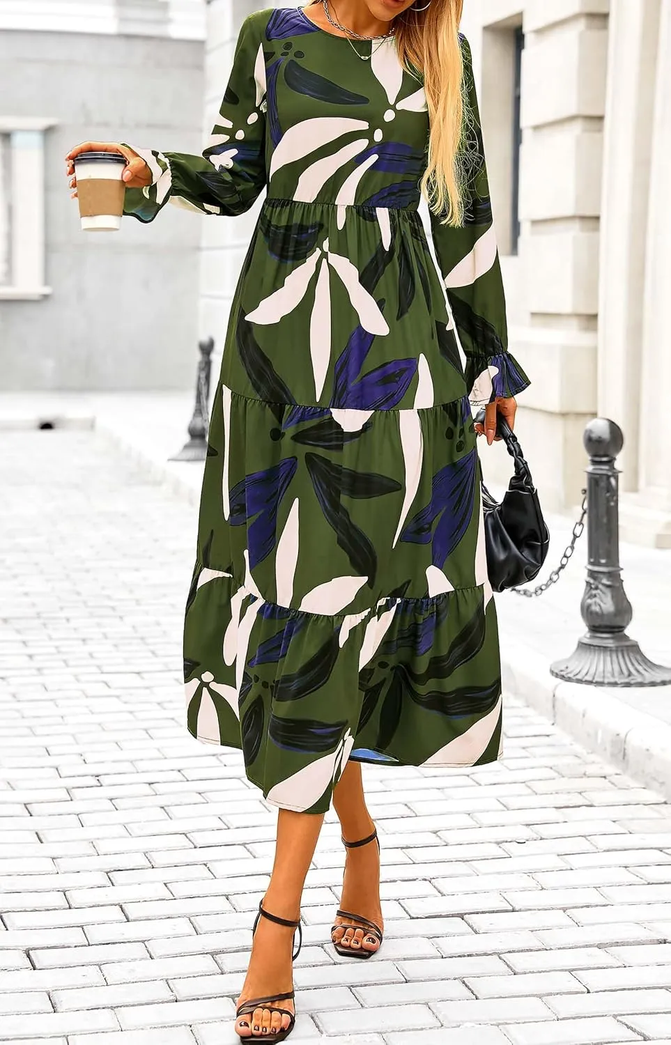 KIRUNDO Womens Spring Dresses Long Sleeve Midi Dress Boho Floral Print Crewneck Casual Wedding Guest Dress with Pockets