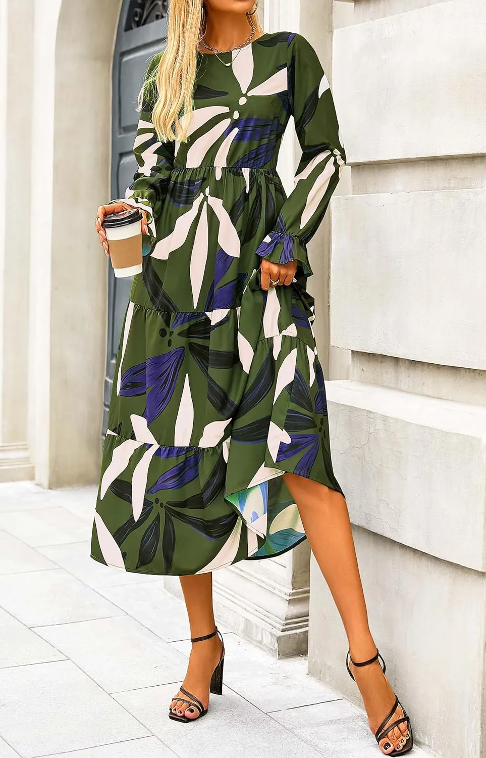 KIRUNDO Womens Spring Dresses Long Sleeve Midi Dress Boho Floral Print Crewneck Casual Wedding Guest Dress with Pockets