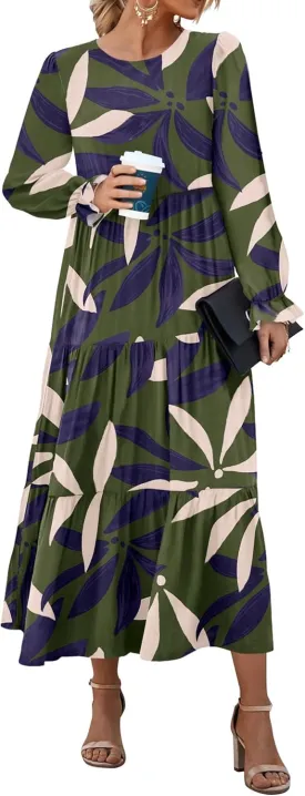 KIRUNDO Womens Spring Dresses Long Sleeve Midi Dress Boho Floral Print Crewneck Casual Wedding Guest Dress with Pockets