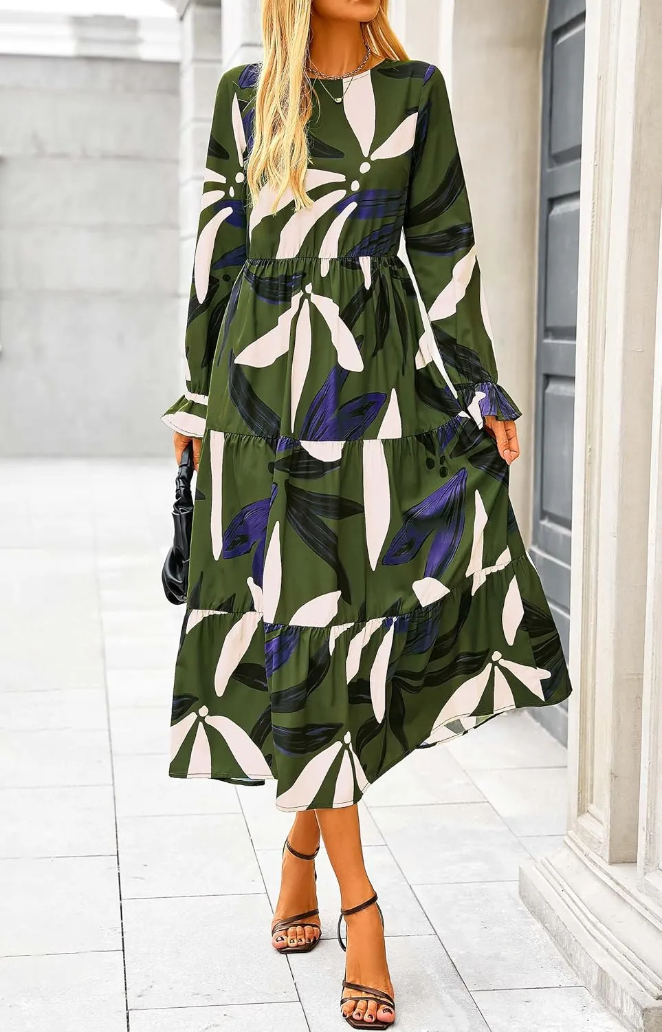 KIRUNDO Womens Spring Dresses Long Sleeve Midi Dress Boho Floral Print Crewneck Casual Wedding Guest Dress with Pockets