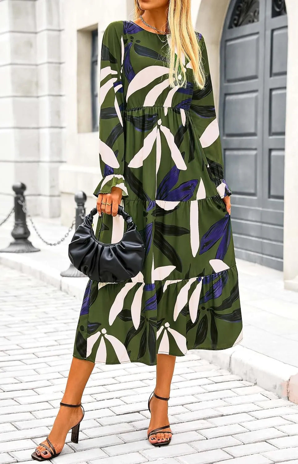 KIRUNDO Womens Spring Dresses Long Sleeve Midi Dress Boho Floral Print Crewneck Casual Wedding Guest Dress with Pockets