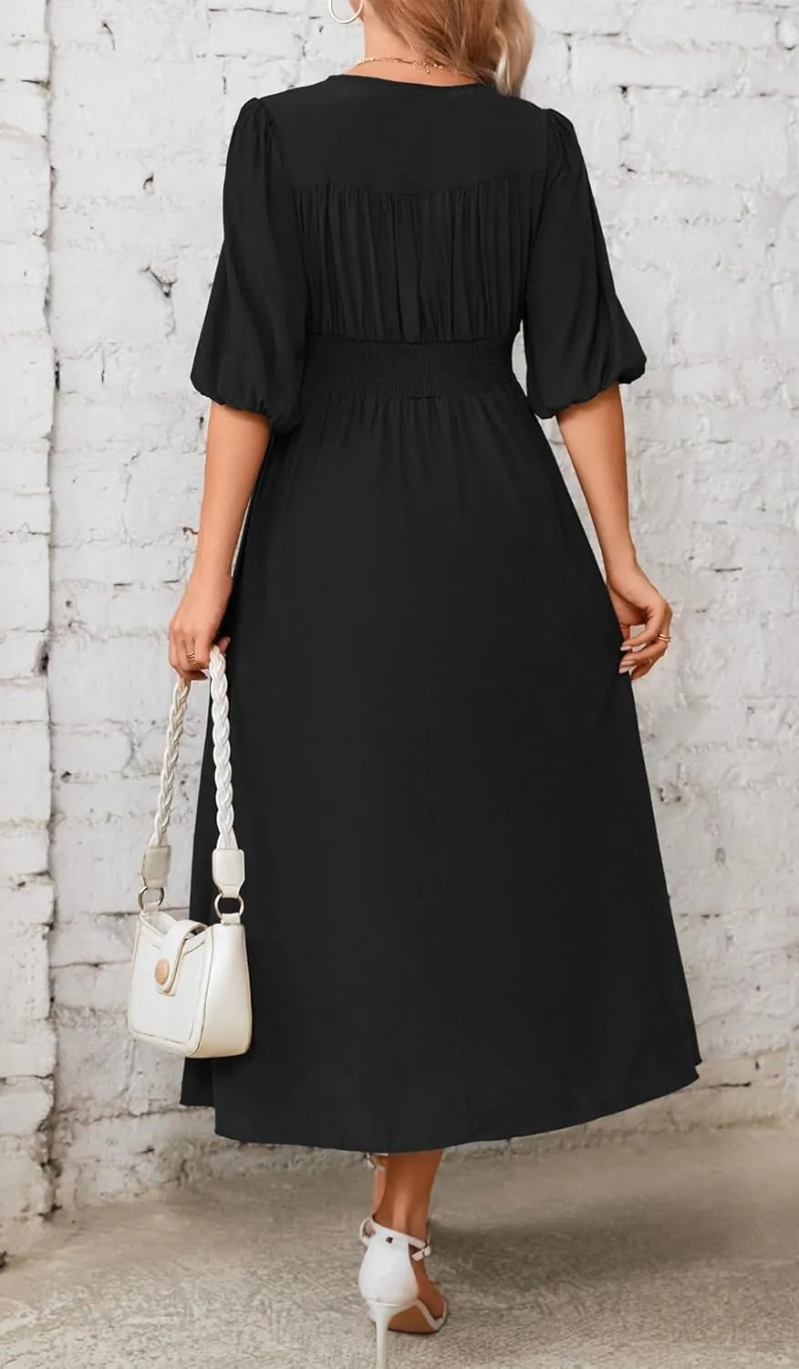 Kormei Women Casual Boho V Neck 3/4 Sleeve Smocked Waist A Line Flowy Swing Midi Dress Smocked Long Dress