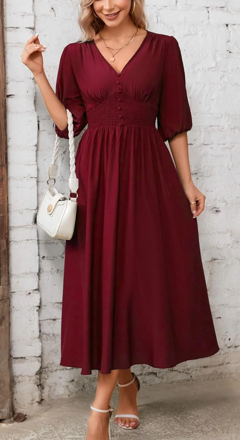 Kormei Women Casual Boho V Neck 3/4 Sleeve Smocked Waist A Line Flowy Swing Midi Dress Smocked Long Dress