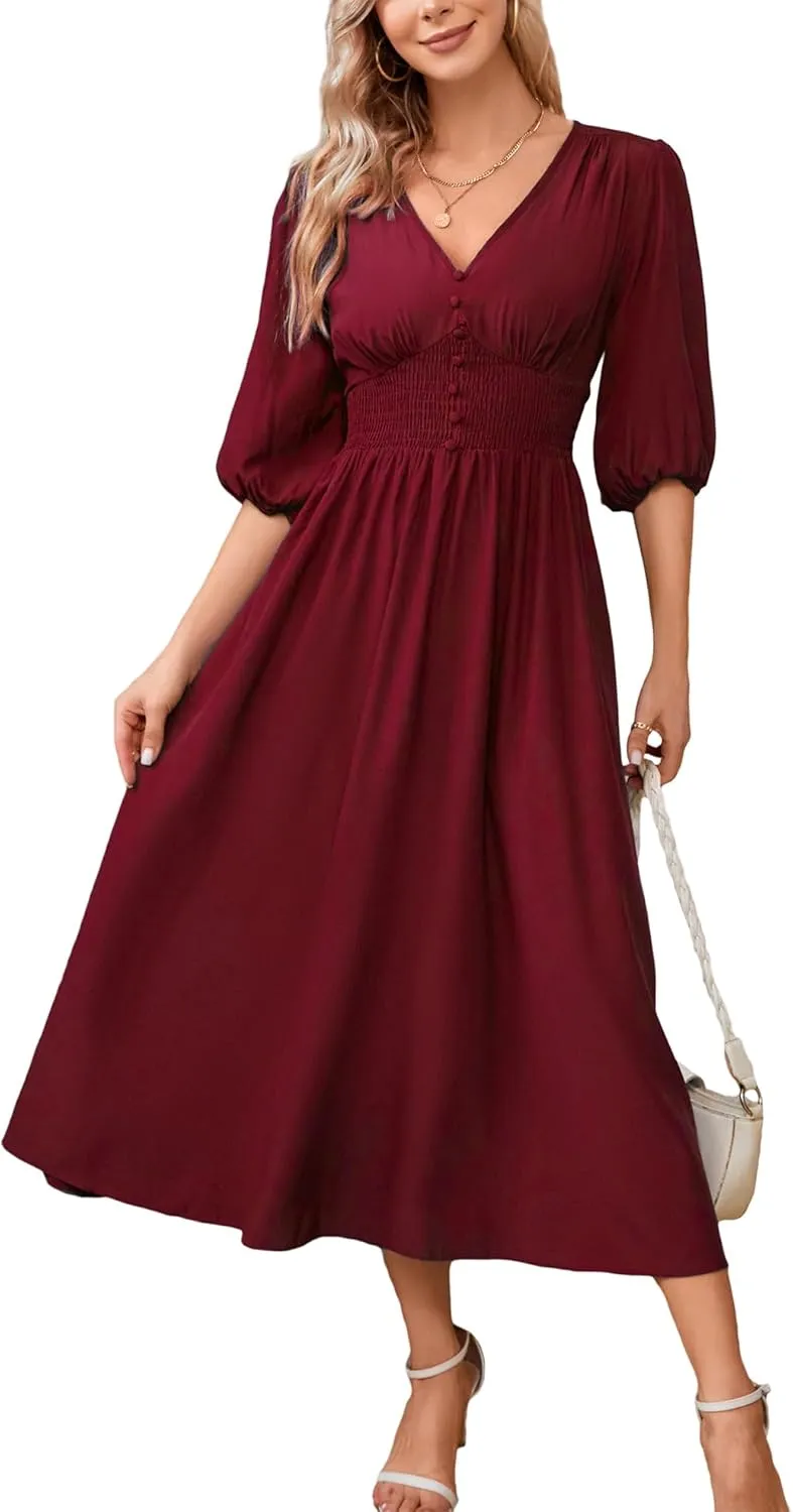 Kormei Women Casual Boho V Neck 3/4 Sleeve Smocked Waist A Line Flowy Swing Midi Dress Smocked Long Dress