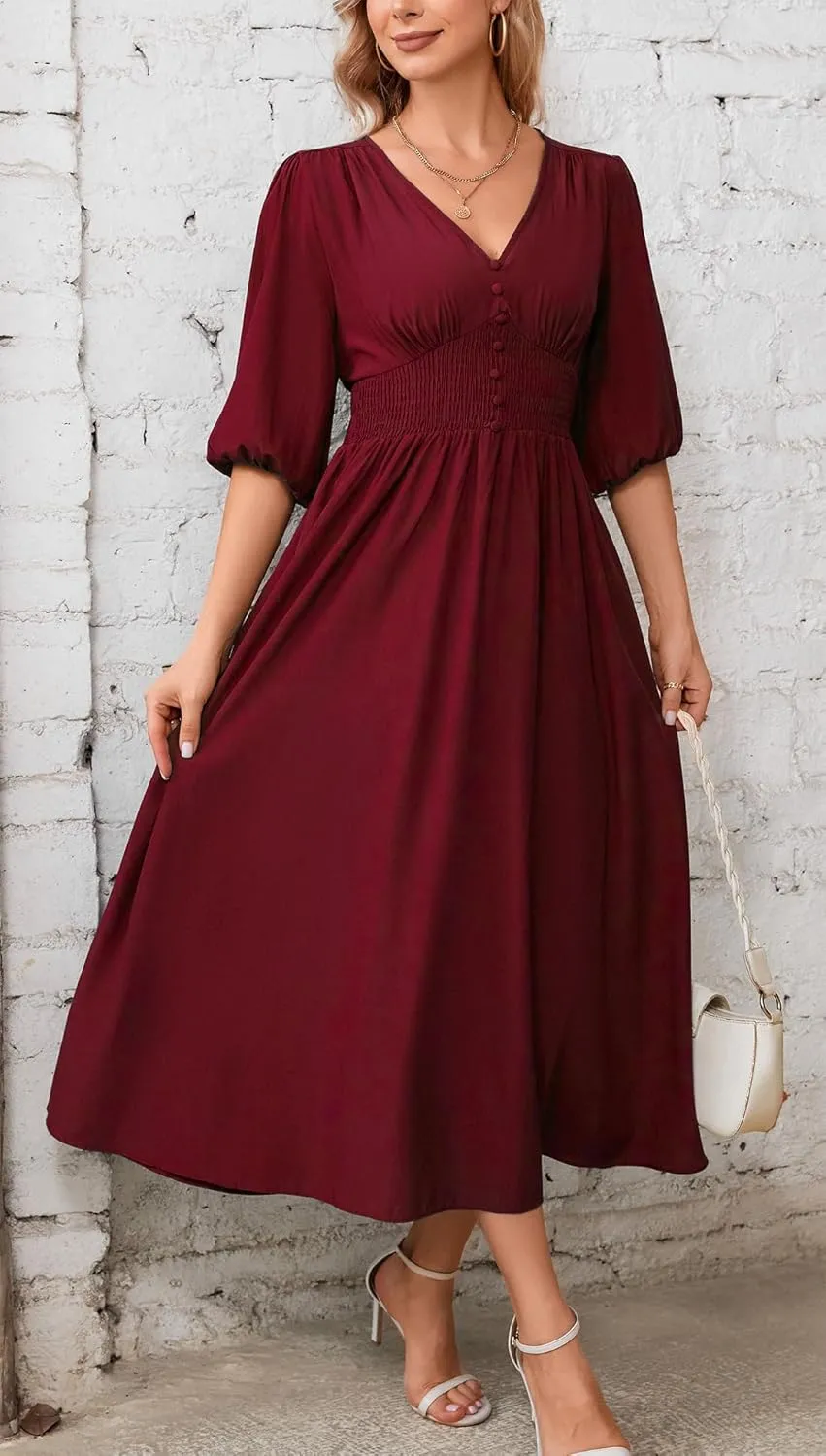 Kormei Women Casual Boho V Neck 3/4 Sleeve Smocked Waist A Line Flowy Swing Midi Dress Smocked Long Dress