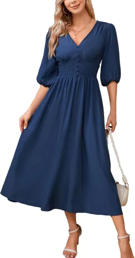 Kormei Women Casual Boho V Neck 3/4 Sleeve Smocked Waist A Line Flowy Swing Midi Dress Smocked Long Dress