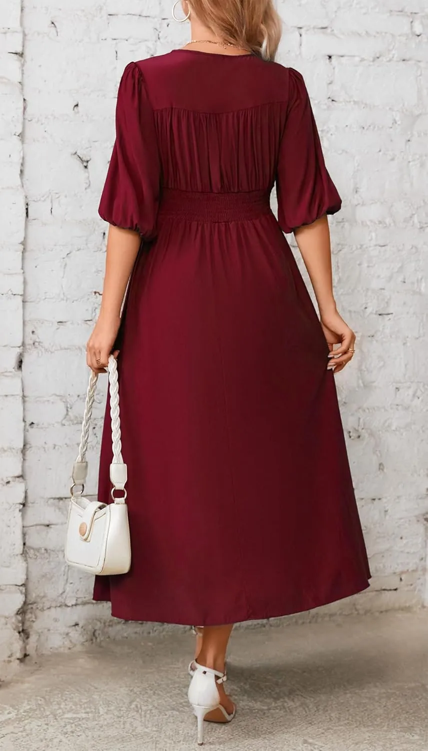 Kormei Women Casual Boho V Neck 3/4 Sleeve Smocked Waist A Line Flowy Swing Midi Dress Smocked Long Dress