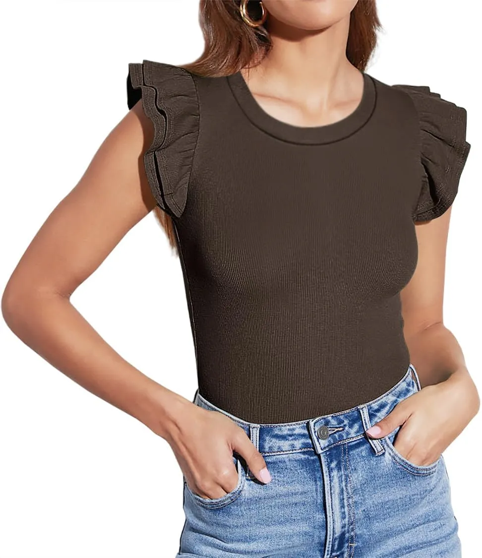Lacozy Womens Ruffle Sleeve Tops Crew Neck Sleeveless Slim Fit Shirt Casual Ribbed Knit Tees Summer Tops Blouses
