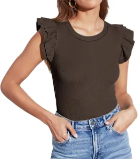 Lacozy Womens Ruffle Sleeve Tops Crew Neck Sleeveless Slim Fit Shirt Casual Ribbed Knit Tees Summer Tops Blouses