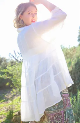 Light Tiered Button Up Top in White
