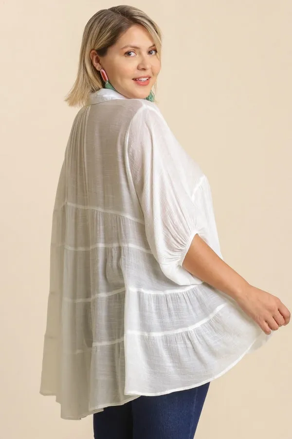 Light Tiered Button Up Top in White