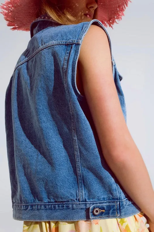Light Wash Denim Vest With Rhinestone Detail On The Collar