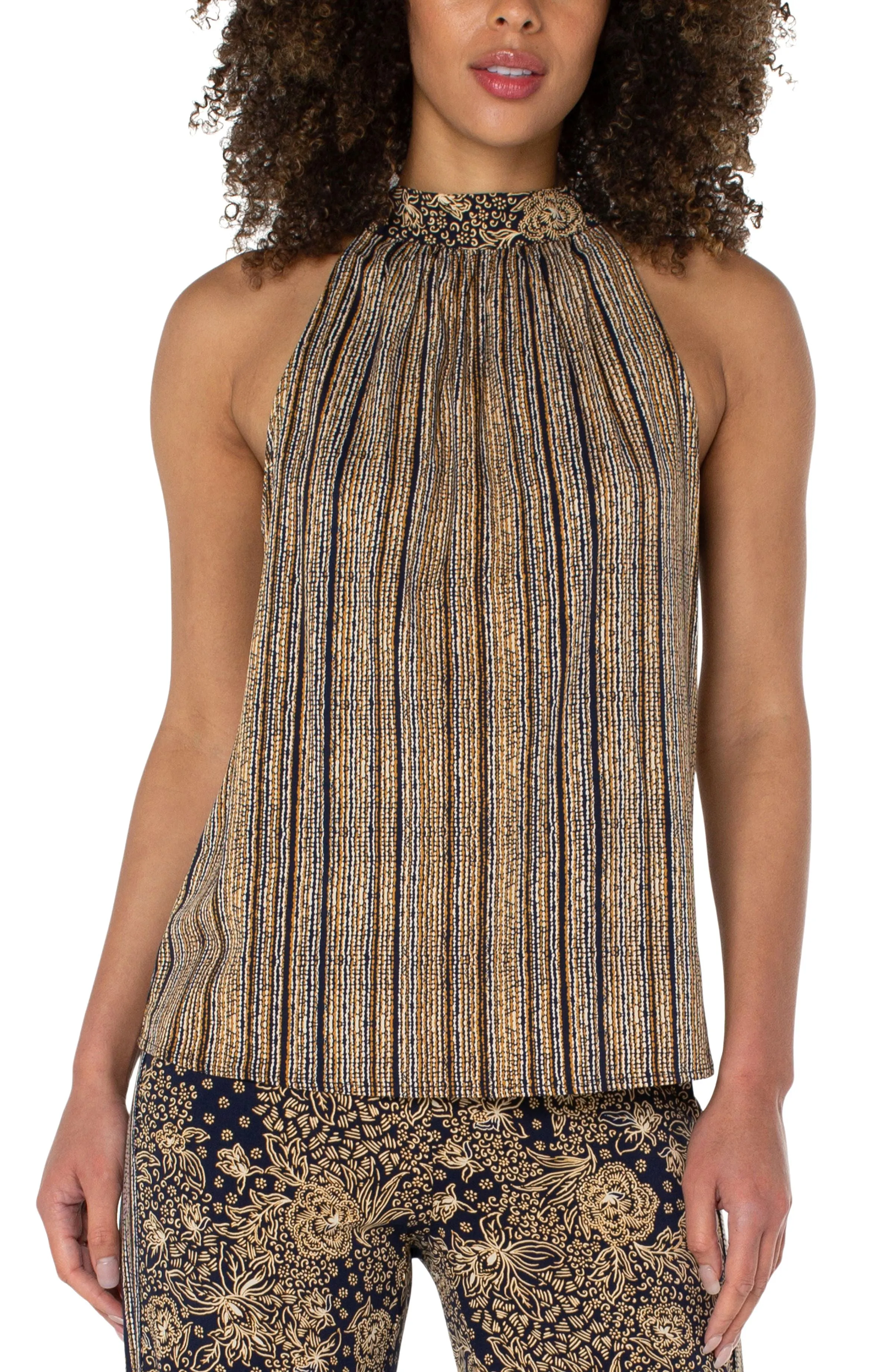 Liverpool Sleeveless Mock Neck Halter top w/ Neck Tie
