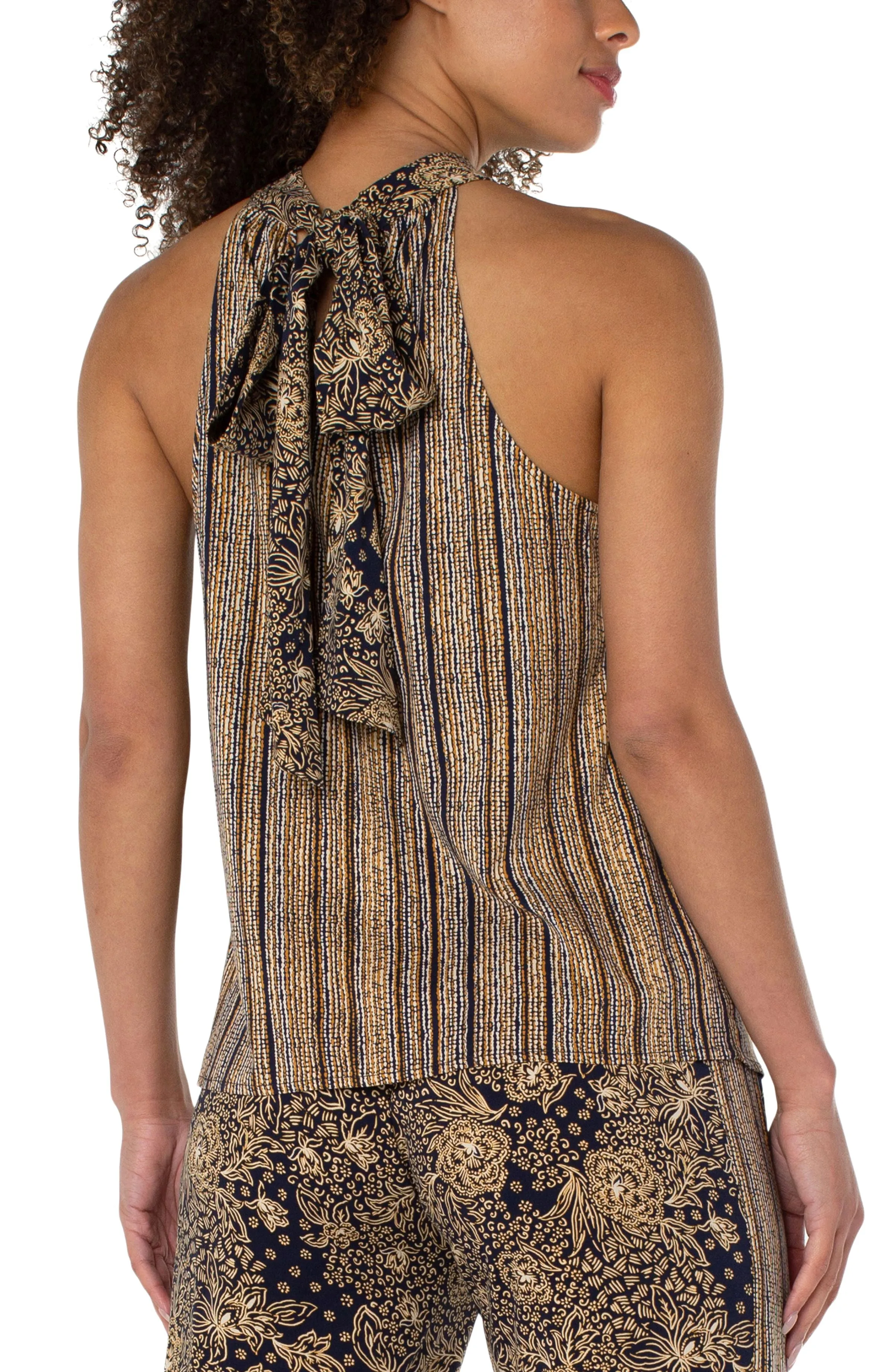 Liverpool Sleeveless Mock Neck Halter top w/ Neck Tie