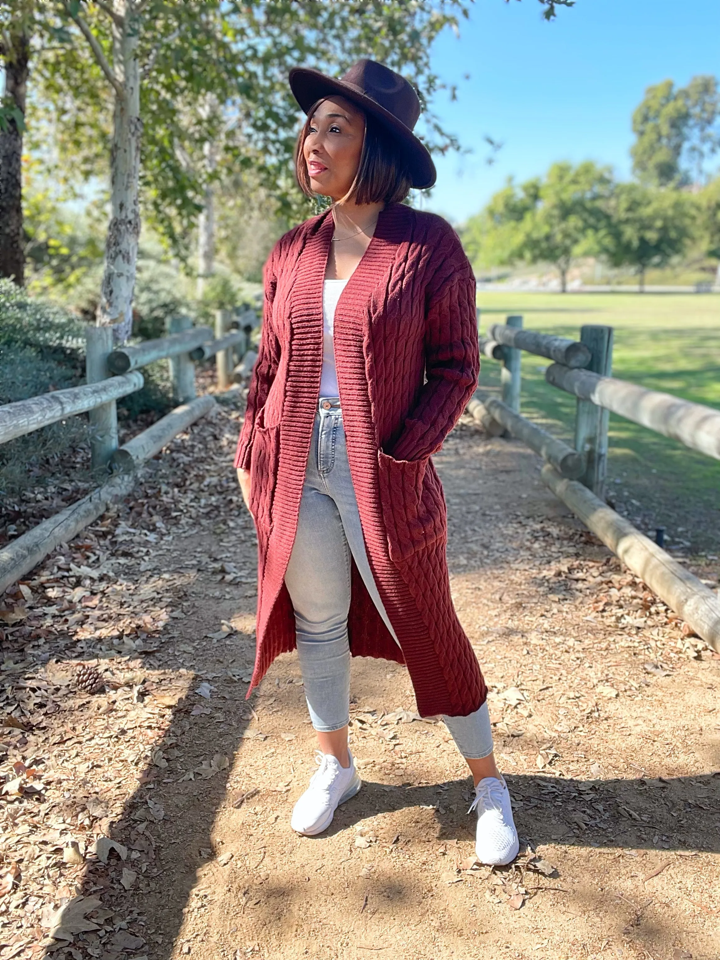 Long Cable Knit Open Front Cardigan