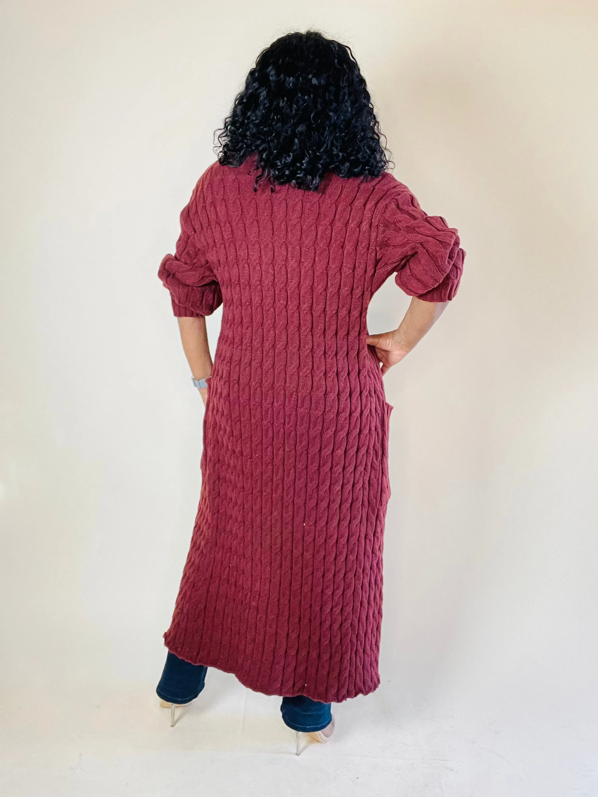 Long Cable Knit Open Front Cardigan